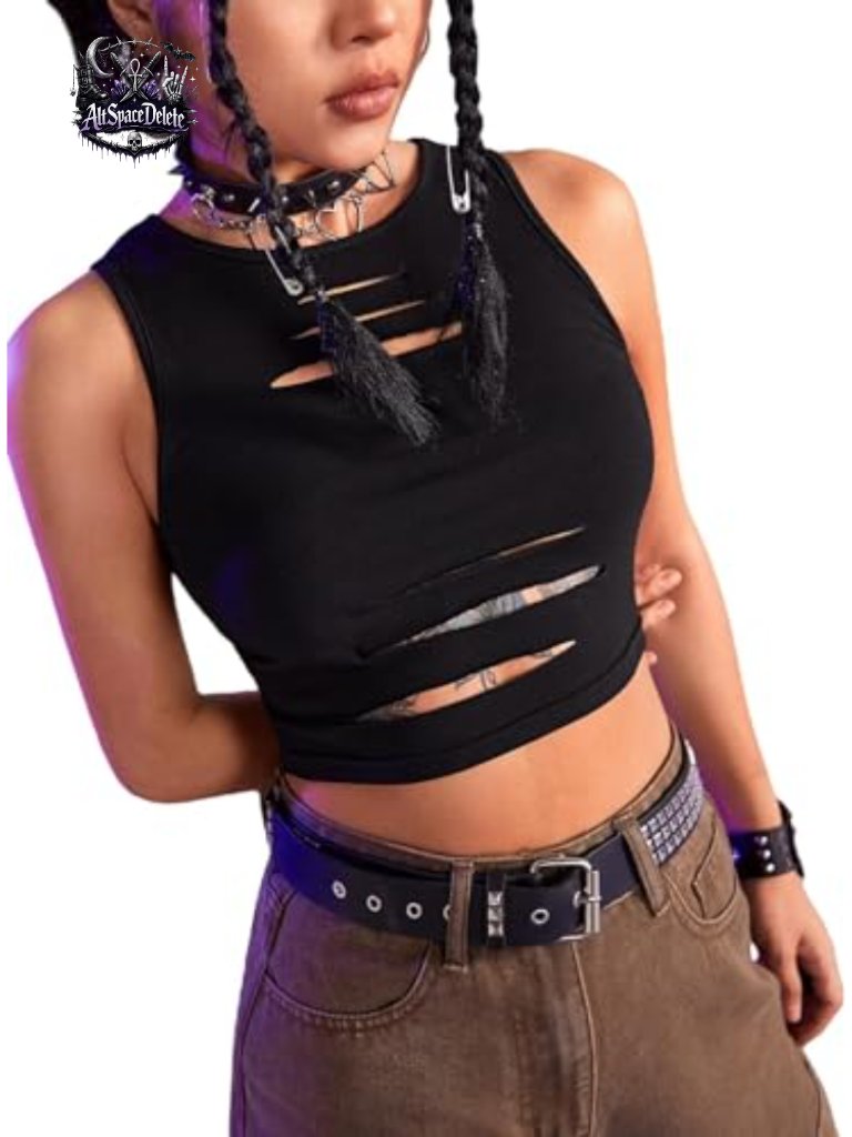Cut Out Sleeveless Round Neck Punk Rock Solid Ripped Crop Tank Top